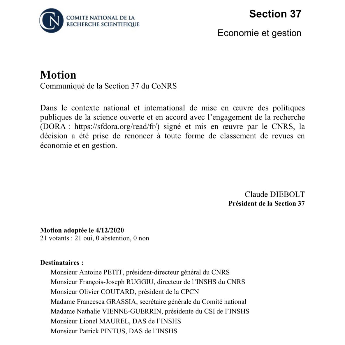andresobczak's tweet photo. la section économie-gestion du @cnrs abandonne toute forme de classement des revues - une bonne nouvelle qui encourage une évaluation des enseignants-chercheurs &amp; des centres de recherche selon des critères plus qualitatifs ! https://t.co/PJMjWlcT8v