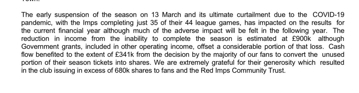Many Lincoln fans demonstrated support for club by declining ST refunds in 2019/20 and accepting shares in club instead which saved £341,000  #Imps