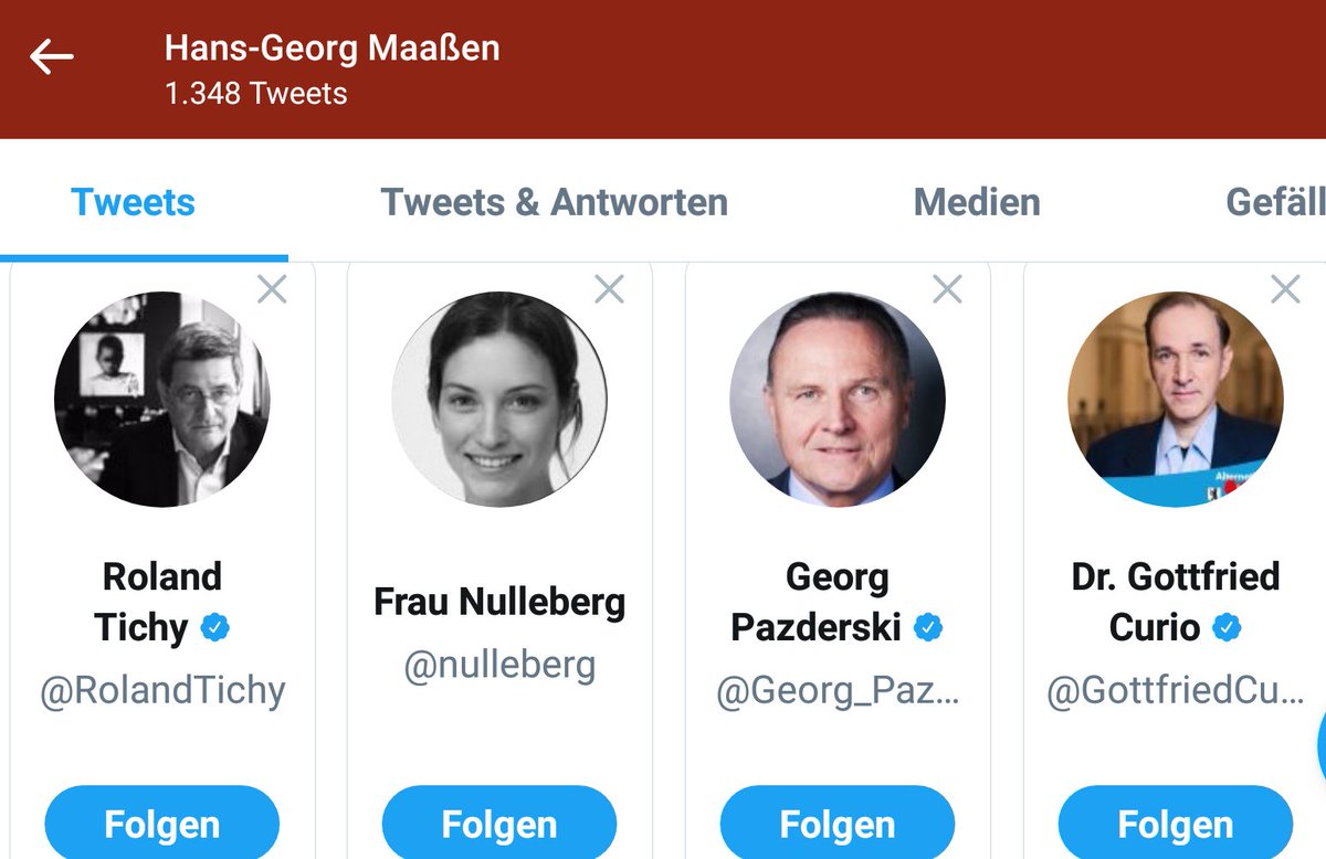 Auf dem Account von Hans-Georg Maaßen wird von Twitter empfohlen, der halben AfD zu folgen. Wahnsinn, dass ein  Ex-Verfassungsschutzpräsident so etwas wie das Vorzimmer zum organisierten Rechtsextremismus ist.