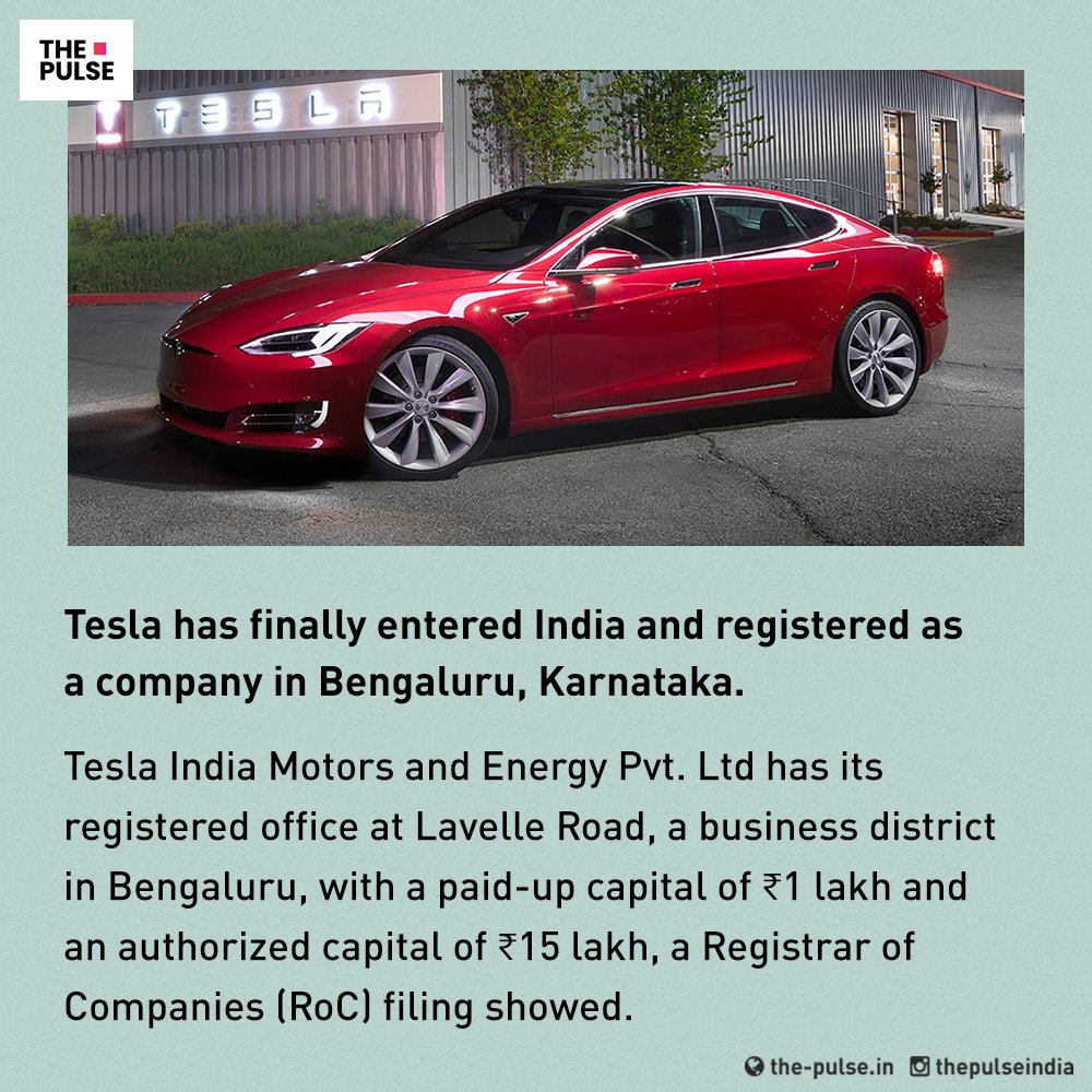 ThePulseIndia's tweet photo. US electric car giant Tesla finally made its entry in India and registered as a company in Karnataka's Bengaluru.
Some details ๐
#Tesla #ElectricCars #ElonMusk #ThePulse #PulseIndia https://t.co/MAu4aRVeYQ