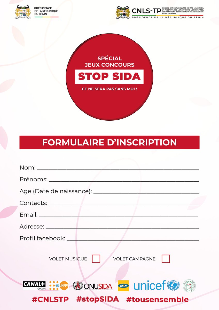 gouvbenin's tweet photo. #StopSIDA #TousEnsemble #CNLSTP

🎁 SPÉCIAL JEU-CONCOURS 🎁

Jusqu'au 07 février 2021, participez à la 2e édition du Spécial Jeu-Concours "Stop SIDA! Ce ne sera pas sans moi"

Participez dans la rubrique de votre choix et envoyez vos productions à l'adresse: cnlstp@presidence.bj https://t.co/0woQbUss0A