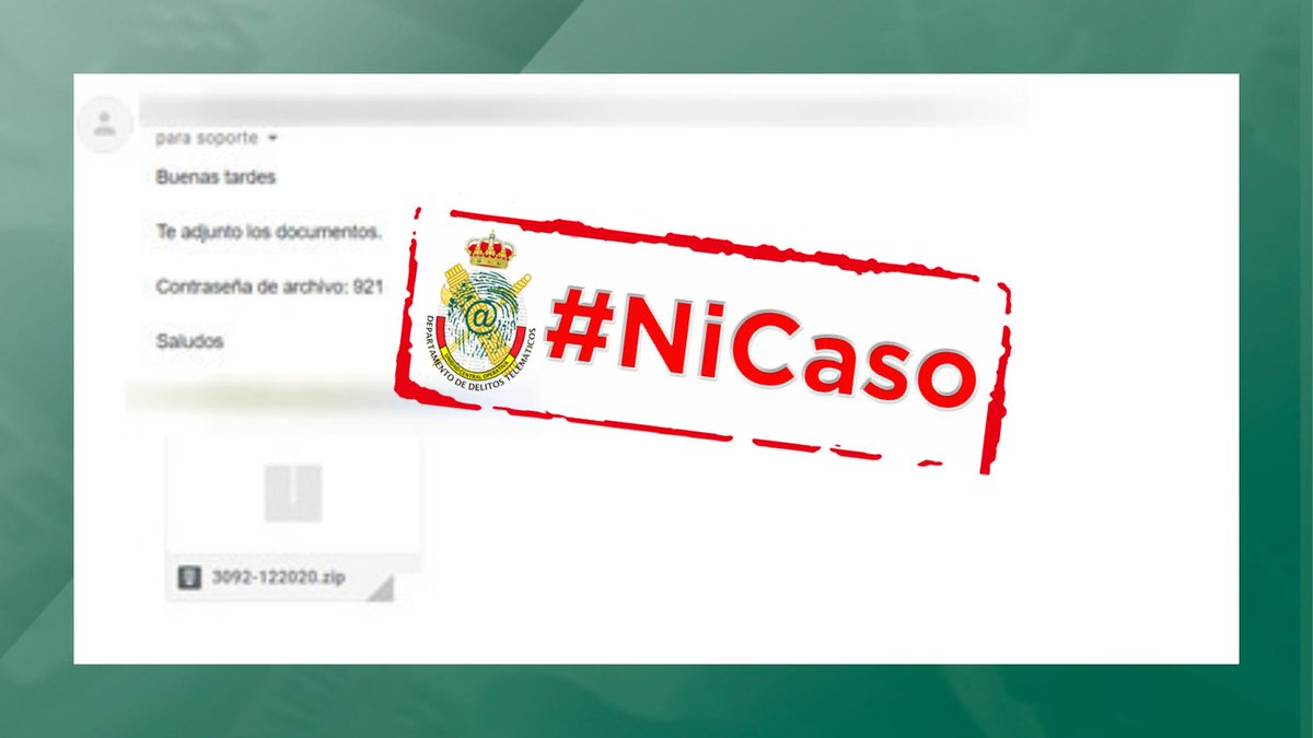 GDTGuardiaCivil's tweet photo. 🚨#GDTAlerta. Si recibes un correo de un supuesto contacto conocido, con un fichero adjunto encriptado y en el mismo mail facilitan la contraseña, #NiCaso, se trata de una campaña de propagación de #malware. https://t.co/pO9JGMdFNI