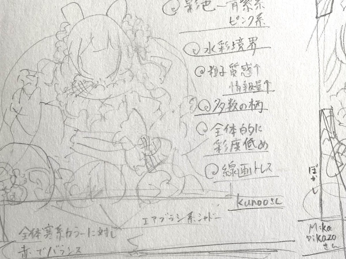 心惹かれたイラストフォルダから3枚選んで分析してみました。様々な工夫が散りばめられている事に驚きますね。色の入れ方も改めて法則性や役割について整理できました 