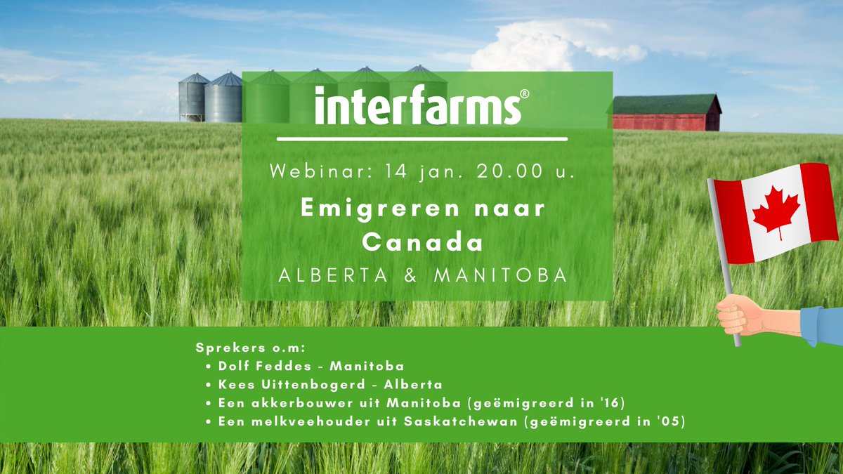 Interfarms's tweet photo. 14 jan: webinar #Alberta &amp; #Manitoba. Live verbinding met onze Canadese begeleiders, een akkerbouwer uit Manitoba en een melkveehouder uit Saskatchewan.
>> Aanmelden is gratis:  https://t.co/eAJSnk7y7b
Interfarms #emigratie #agriculture https://t.co/2iYArVOpgg