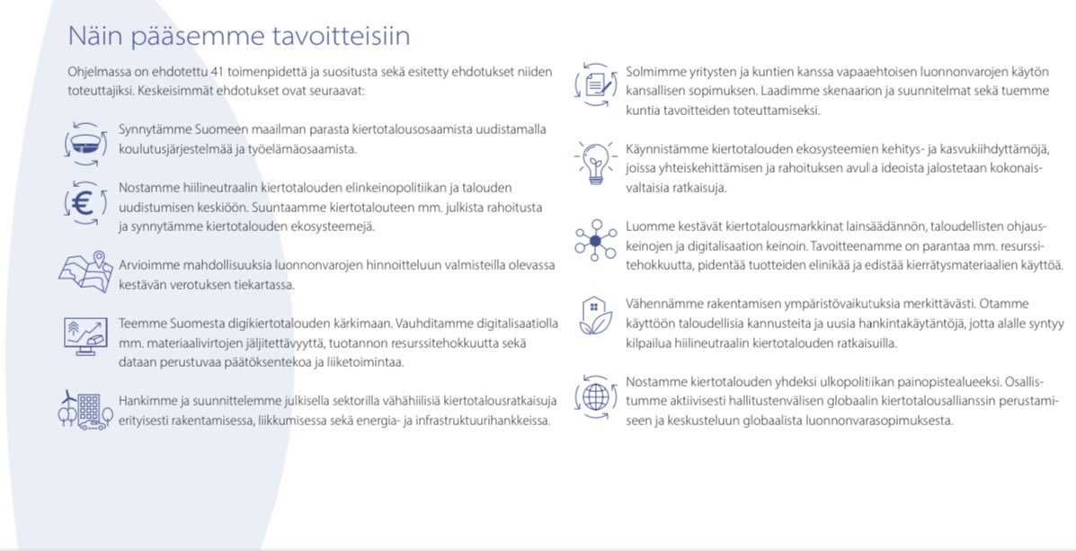 katripai's tweet photo. Suomen strateginen #kiertotalousohjelma on valmis! Se sisältää kaikkiaan 41 suositusta, alla keskeisimmät. Ei ihan pikkujuttuja! #kiertotalous https://t.co/SKA3ahP0Zb