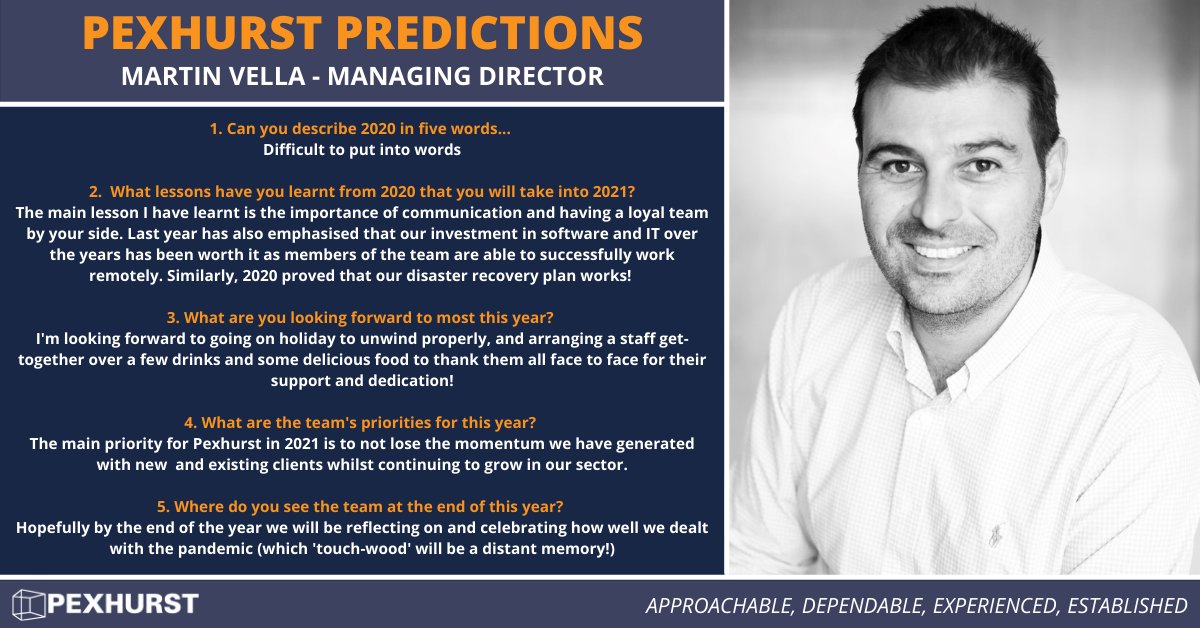 Pexhurst's tweet photo. This week we hear from Managing Director, Martin Vella who discusses the lessons he has learnt from 2020, and what he's looking forward to most this year! 

Read more about Martin here:
https://t.co/enJJB0NVOg

#Predictions #MainContractor #ConstructionLife #YearAhead #Pexhurst https://t.co/uxC0iG6MHu