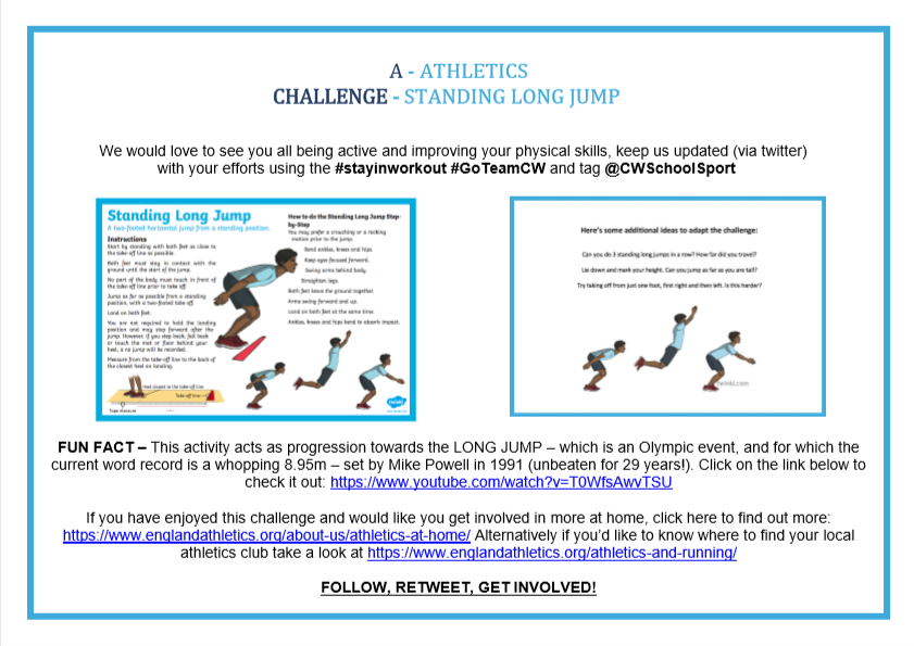 CovSport's tweet photo. School Games’A-Z Challenge is back!
We have already seen challenge A and B this week. 💪🏽
Head over to @CWSchoolSport to find out what today’s C is! 🌟
#KeepCoventryMoving @YourSchoolGames https://t.co/DgQ20jJlQa