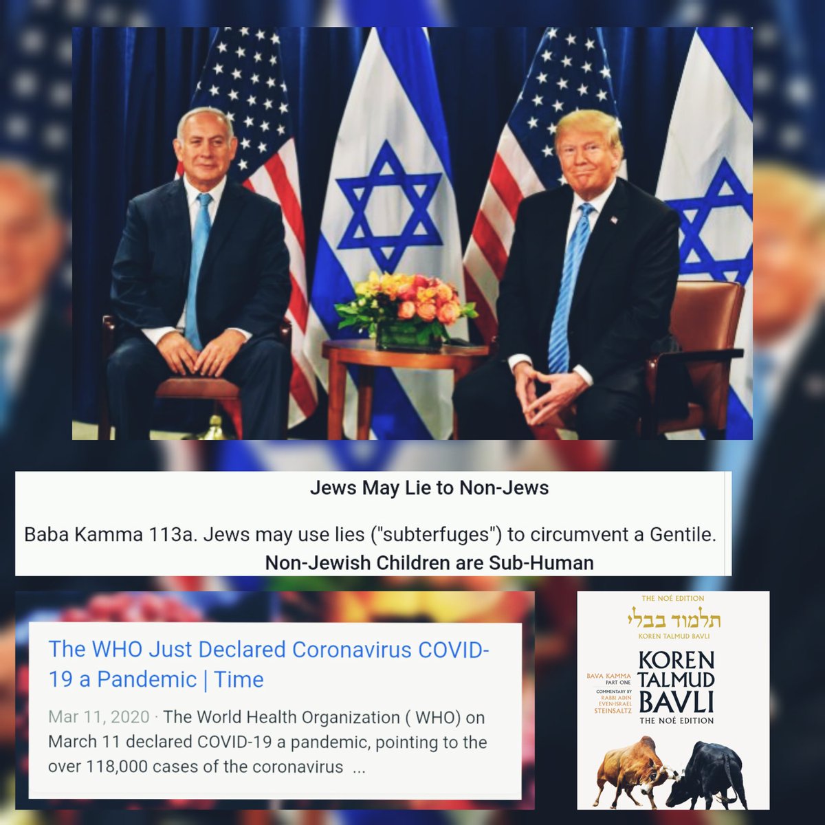 TheMatrixology's tweet photo. #Jan13th (113)
REMINDER:
-The Jewish Book #Tulmud
(Baba Kamma 113a๐ Says #Jews may #LIE to Non-Jews)
-#WHO declared the #CoronaVirus a #Pandemic on #March11th๐ (113)
-#November3rd๐ (113) was the #Presidential #Election
The #Elite use the #113
- Expect big #News today https://t.co/zH054nbeWj