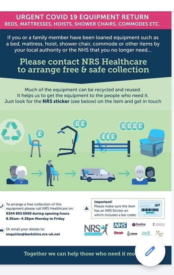 smallstephy's tweet photo. We are rapidly running out of equipment to support people in the community and assist with discharging people out of hospital. If you or your family have NRS loan equipment that you no longer require please contact the stores to arrange collection. Thank you. #OT #Covid19UK https://t.co/rXMtLeDmkv