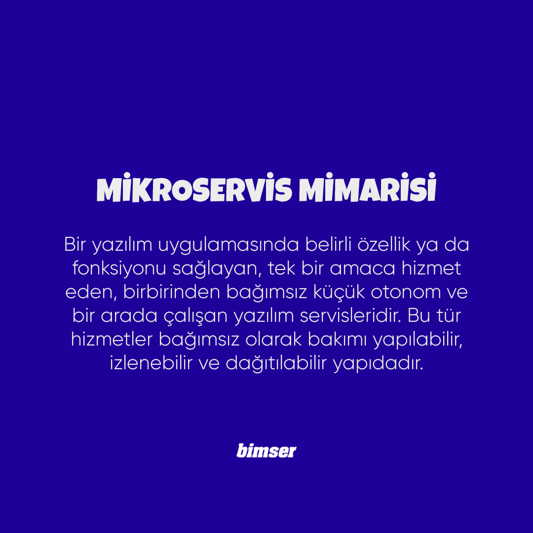 Bimser_'s tweet photo. Mikroservis Mimarisi Nedir?
Bir yazılım uygulamasında belirli özellik ya da fonksiyonu sağlayan, tek bir amaca hizmet eden, birbirinden bağımsız küçük otonom ve bir arada çalışan yazılım servisleridir.
Demo talep etmek için:
https://t.co/MdMCo5G6aA
#synergycsp #bimser https://t.co/xzK0RgUXHd