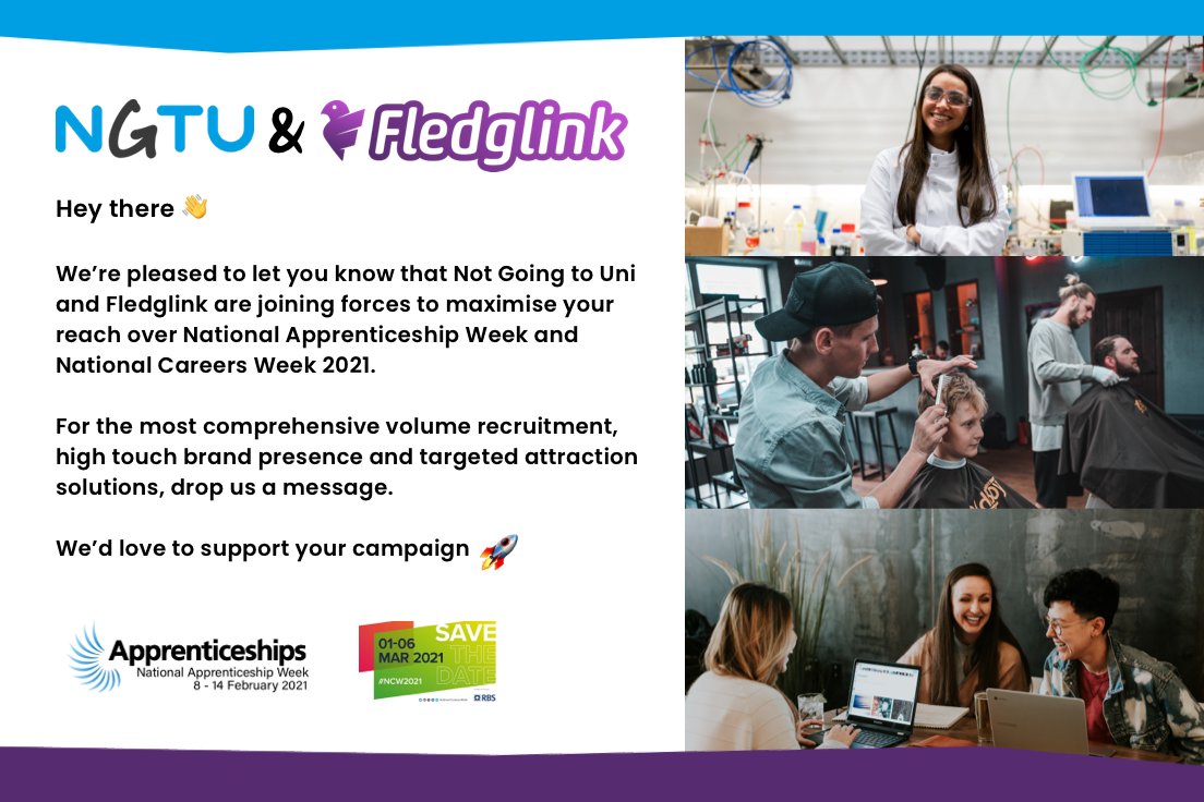 notgoingtouni's tweet photo. NGTU &amp; @Fledglinkapp 

We are so excited to be partnering with the amazing team at Fledglink to support employers, training providers and colleges in raising awareness for #NAW2021 and #NCW2021 across the two platforms!

#NationalApprenticeshipWeek #NationalCareersWeek https://t.co/i7us83vkJD