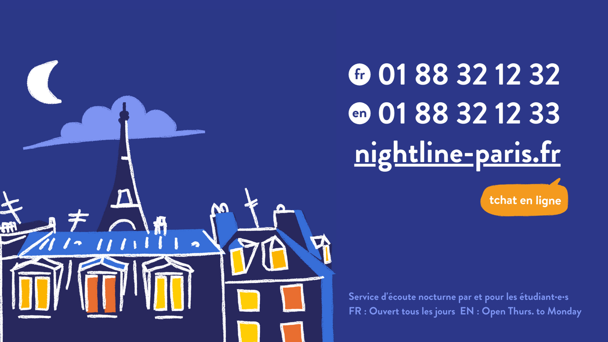 univ_paris_cite's tweet photo. Connaissez-vous #Nightline, un service d'écoute, de soutien &amp; d'information tenu par et pour les étudiants ? Contactez @nightline au téléphone ou par tchat – ouvert de 21h à 2h30 – pour dialoguer de tous les sujets.
➡️ https://t.co/RrJvd4RbjE https://t.co/QmaaWfOVJr