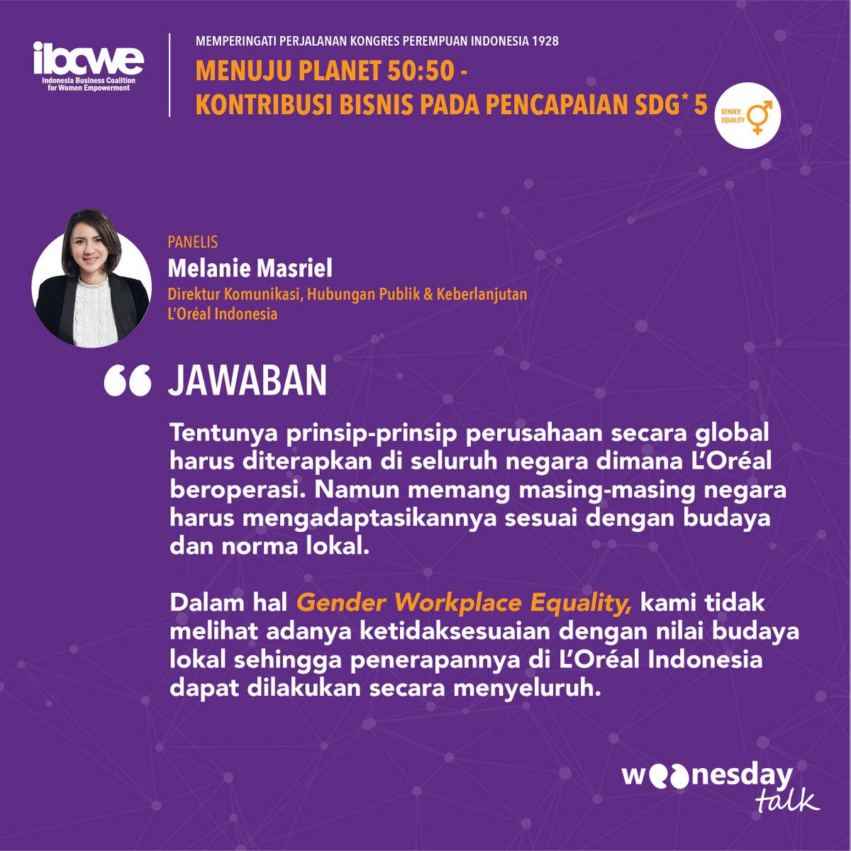 IBCWE's tweet image. #WednesdayTalks : Mengingat L’Oréal Indonesia merupakan bagian dari L’Oréal global, mungkin banyak kebijakan terutama menyangkut kesetaraan gender di dunia kerja yang merupakan arahan dari global.
Bagaimana @lorealindonesia menyelaraskan
kebijakan tersebut dengan konteks lokal?