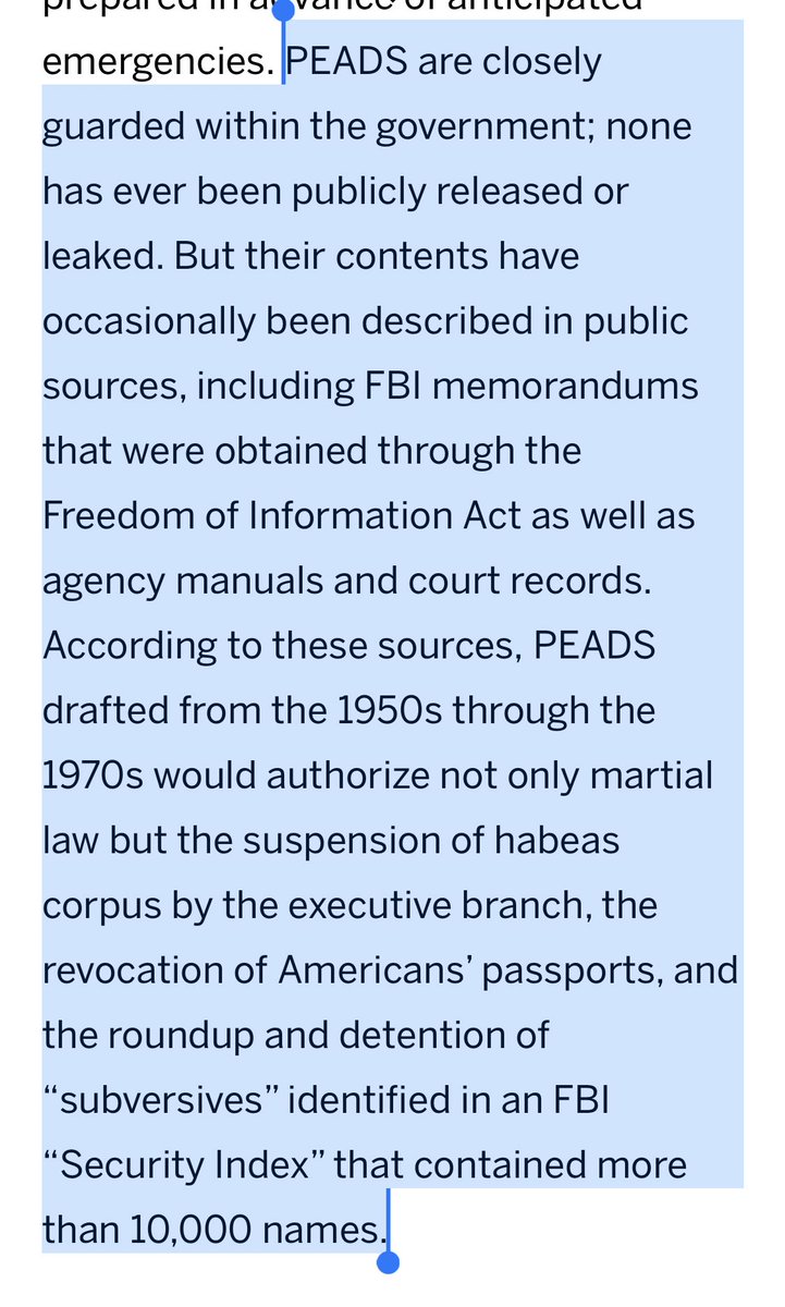 PEADS:-suspension of habeas corpus-martial law-roundup and detention of subversives-Suspension of the constitution, turning the control of the United States over to FEMA-appointment of military commanders to run state+local government (15/25)