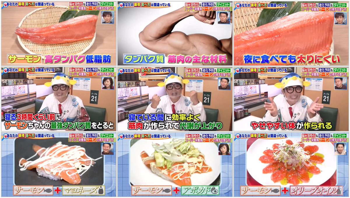 にこそく Auf Twitter サーモン 脳を活性化 老化予防 ダイエット2 食べ方 上手な食べ方 油を一緒にとると吸収率up 回転寿司 サーモンマヨネーズ 食べる時間 高タンパク質 低脂肪 夜に食べても太りにくい 寝る3時間くらい前に食べると 寝ている間
