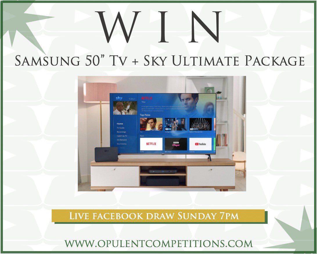 opulentcomps's tweet photo. 📺 WIN A 50’’ SAMSUNG TV PLUS SKY ULTIMATE PACKAGE 📺

Follow the link below to get your tickets to be in with a chance of winning a new tv along with a Sky Ultimate TV Package! 

🔥 GUARANTEED DRAW 
🔥 NO ROLLOVERS

https://t.co/wnPnbJO96t https://t.co/vNy7XmTSqP
