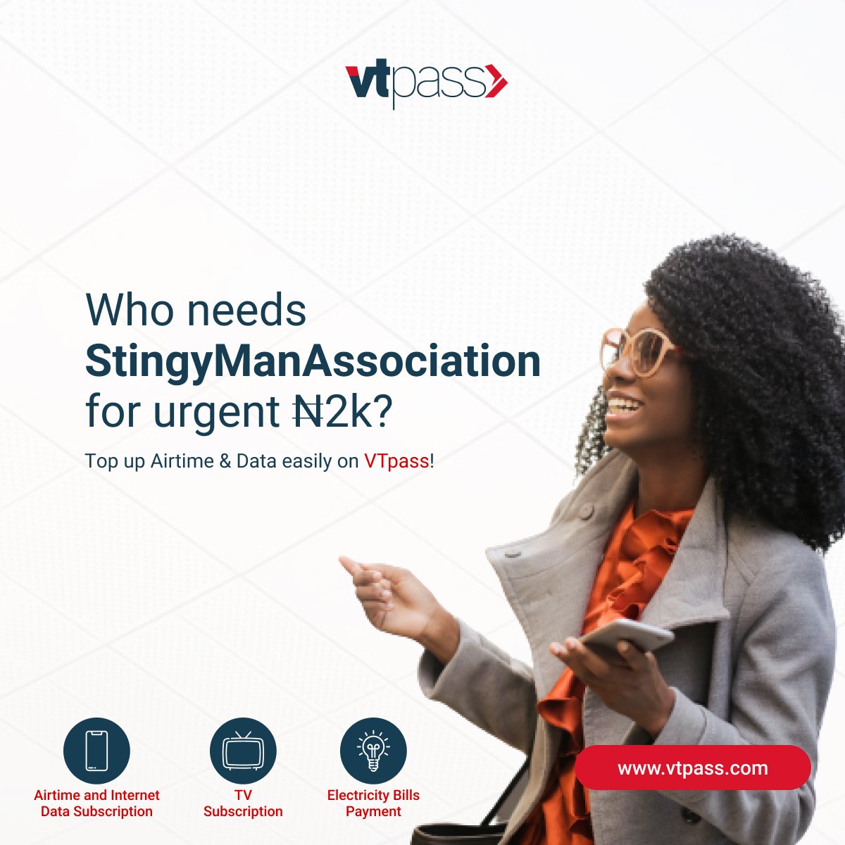 vtpass's tweet photo. Stingy Men Association has got nothing on you🖖

Buy airtime and data on VTpass with ease and earn a cashback! 💰

#vtpass #vtpass_hq #onlinepayment #airtime #data #mtn #glo #airtel #9mobile #smiledata #smilevoice #stingymenassociation #SWAN #stingymenassociationofnigeria https://t.co/UqIYIflUFT