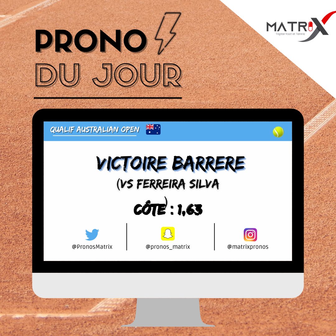 PronosMatrix's tweet image. Tennis🎾/ QUALIF #AusOpen  🇦🇺

💥 Victoire Barrere ( VS Ferreira Silva)
@ 1,63

💥 à tenter : Victoire Lestienne ( VS Safiulli) 
@2,85 

GL à ceux qui suivent 🤞🏼

#TeamParieur