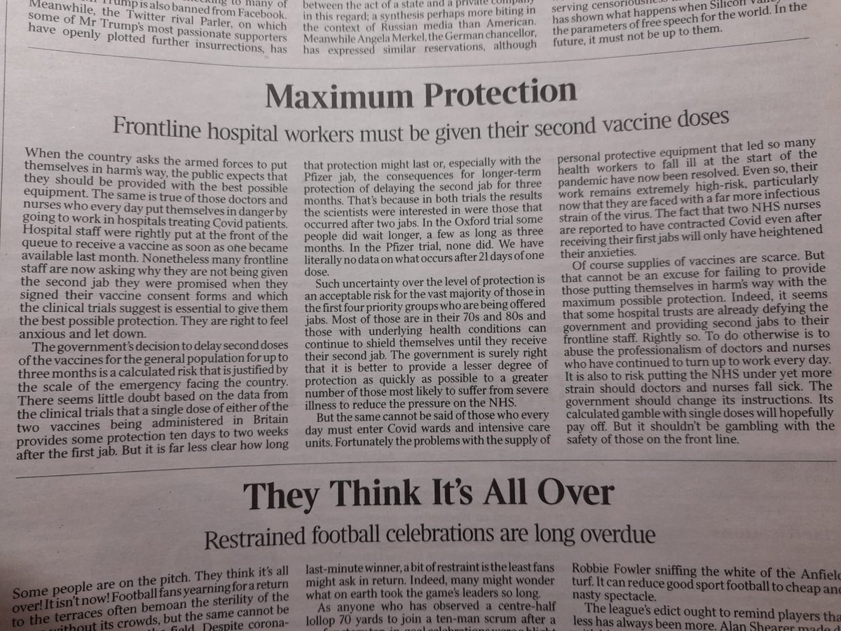 goldstone_tony's tweet photo. Thank you excellent article in @thetimes

“Supply of vaccine is scarce. But that cant be an excuse for failing to put those putting themselves in harms way with the maximal possible protection”

Healthcare workers MUST get second dose as @WHO to protection patients. Act now!

RT! https://t.co/NzB7NoudCR