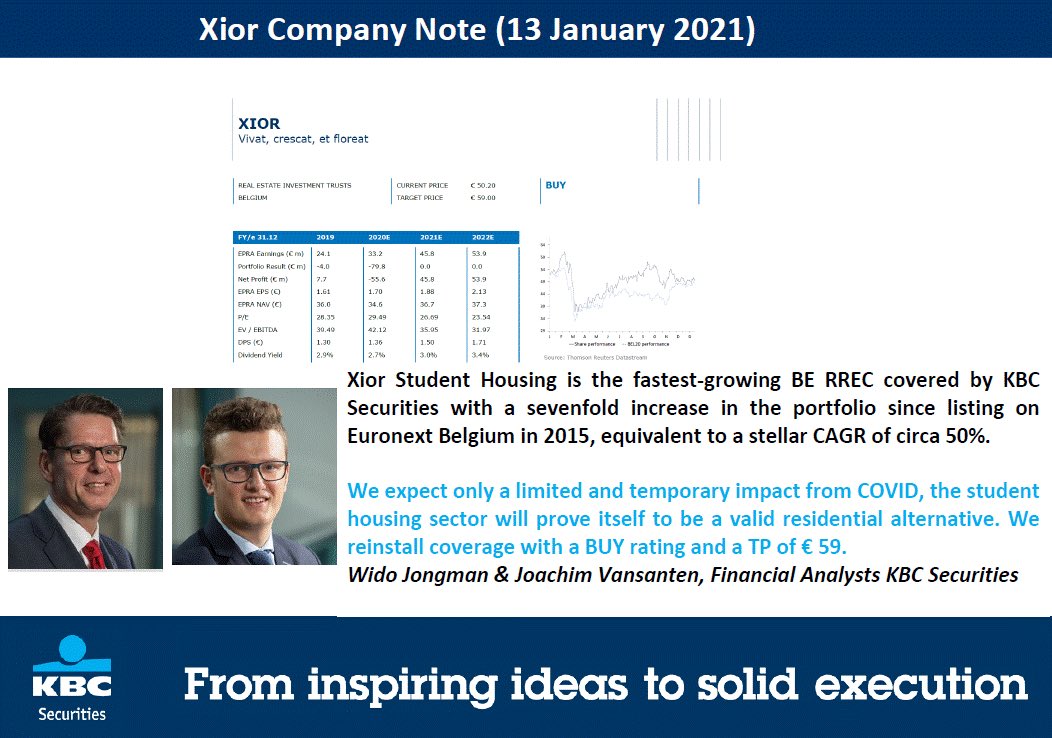In a note titled “Vivat, crescat, et floreat”, we reinstall coverage on Xior with a BUY rating and a Target Price of € 59. We expect only a limited and temporary impact from COVID, the student housing sector will prove itself to be a valid residential alternative.