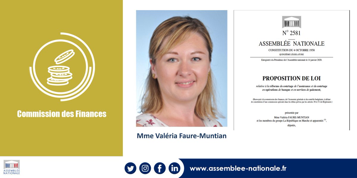 <a href="/AN_Finances/">Commission des finances</a> a nommé <a href="/V_Faure_Muntian/">Valéria Faure-Muntian</a> rapporteure sur la proposition de loi relative à la réforme du courtage de l'assurance et du courtage en opérations de banque et en services de paiement (n° 2581)
Examen en commission le 20/01 à 10h30
➡️📂: assnat.fr/E4fQ3G