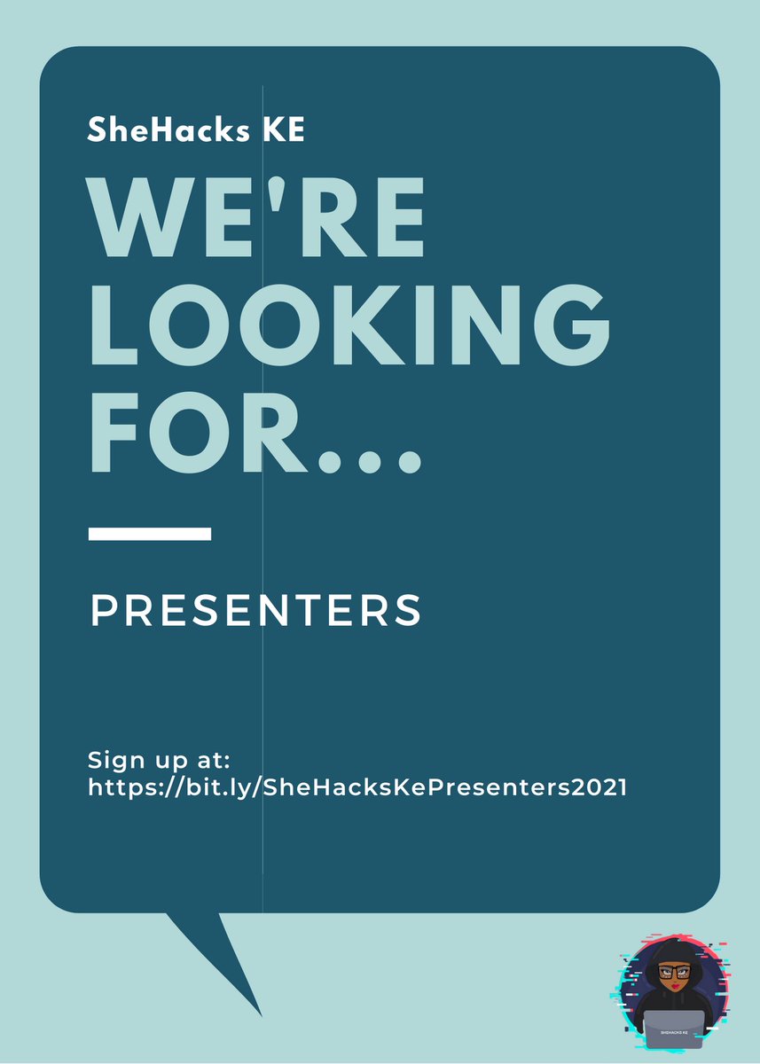 shehacks_ke's tweet photo. CALL FOR PRESENTERS: We're looking for presenters for our weekly virtual bootcamps that are usually held on Thursday at 7pm. Sign up at: https://t.co/24bUvSNChU to share your preferred date/month and topic that you'd like to cover. https://t.co/7St9yXfjET