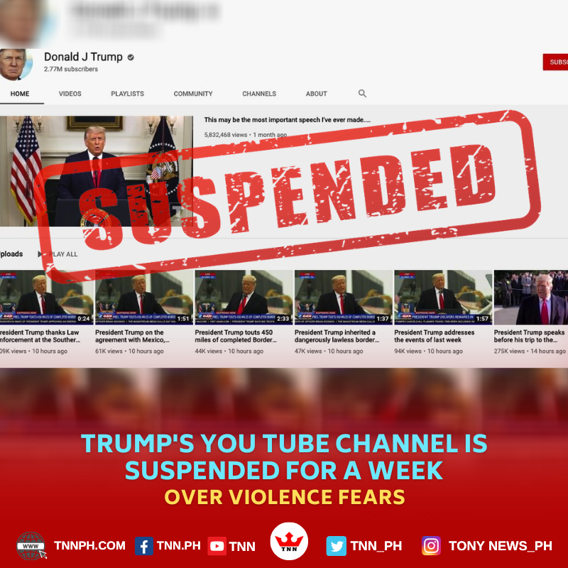 TNN_PH's tweet photo. After last week's Capitol riot, 
Google-owned YouTube on Tuesday temporarily suspended President Donald Trump's channel and removed a video for violating its policy against inciting violence, joining other social media platforms in banning his accounts. https://t.co/ihbOmqFHsF