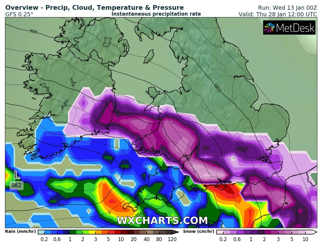 DerekTheWeather's tweet photo. This GFS model chart is for January 28th so I'd take it with a pinch of salt as it's 2 weeks away and likely to change. But it's the sort of weather pattern that could bring heavy snow to #Wales with drifting as low pressure bumps up against cold air. One to keep an eye on! 👀❄️ https://t.co/EIBlQ7B5Xp