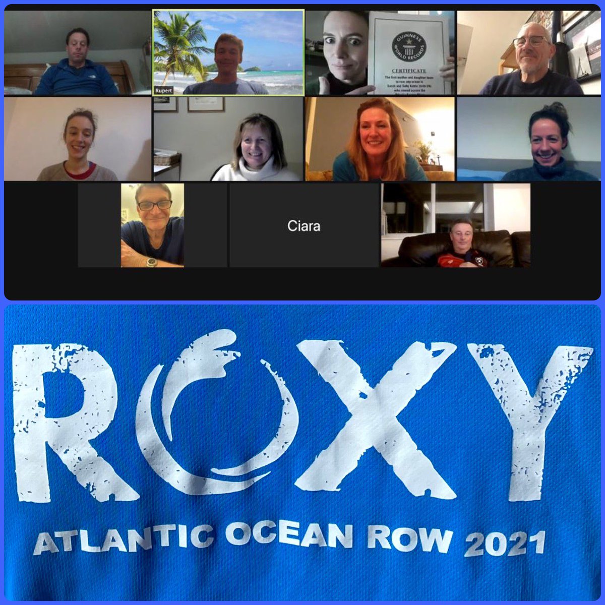 RowsAtlantic's tweet photo. A great evening zooming in with the #RoxyCrew & ocean rowing world record holder and author @sallykettle talking to us about the psychology of rowing the Atlantic, expectation vs reality! @RannochNews #rowwithroxy #traininginlockdown #teamtalk #wellbeingwednesday https://t.co/6LGkmnnxZP