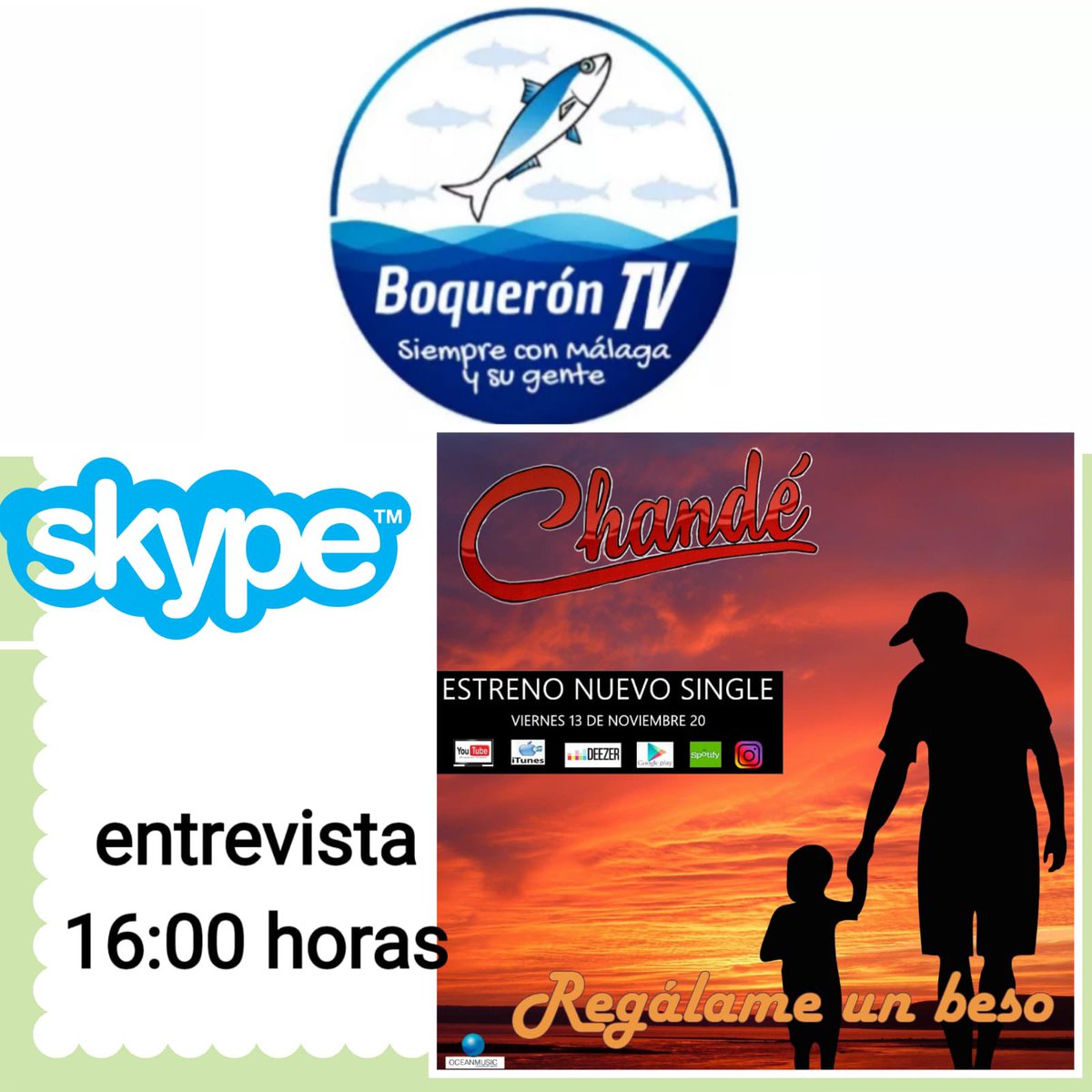 ¡No te pierdas la entrevista a <a href="/Chandeautor/">chande</a> vía <a href="/Skype/">Skype</a> para la TV malagueña #boquerontv a las 16h! <a href="/groupoceanmusic/">Ocean music ®</a> <a href="/timmyropero/">Timmy Ropero</a> <a href="/chandeinfo/">Chandeinfo</a> <a href="/CFOficialChande/">CFOficial Chandé</a> 
#regalameunbeso youtu.be/4rg9aDTQcYw