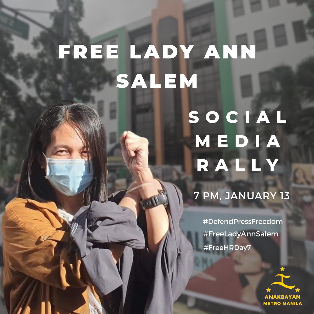 Anakbayan_NCR's tweet photo. Makilahok sa gaganaping social media rally mamayang 7 PM para kay Lady Ann Salem.

Gamitin ang “Ako si (pangalan) mula sa (paaralan/organisasyon) ay kaisa ako sa panawagang palayain si Lady Ann Salem, ang #HRDay7, at lahat ng bilanggong pulitikal!"

#FreeLadyAnnSalem 
#FreeHRDay7 https://t.co/6ff8Gb8eqQ