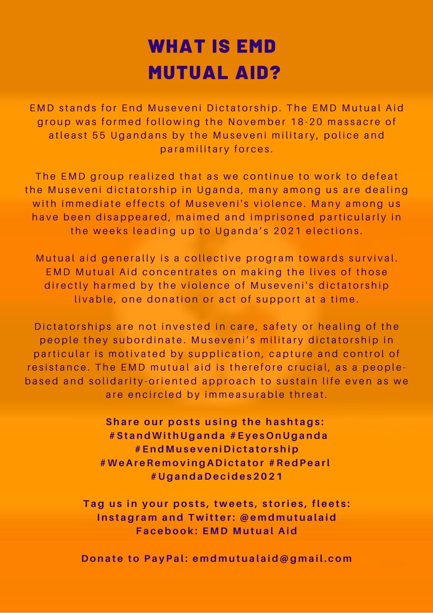 Introducing the End Museveni Dictatorship (EMD) Mutual Aid [A thread]  #StandWithUganda  #EyesOnUganda  #WeAreRemovingADictator  #RedPearl  #UgandaDecides2021  #KeepItOn    #EndMuseveniDictatorship  #Uganda
