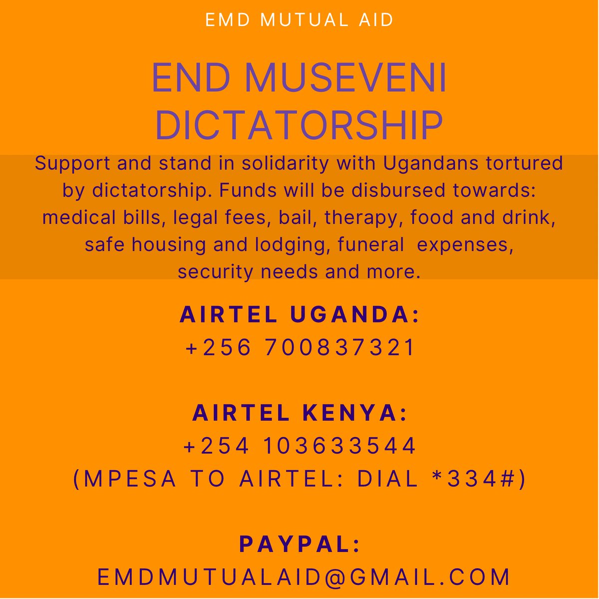 Introducing the End Museveni Dictatorship (EMD) Mutual Aid [A thread]  #StandWithUganda  #EyesOnUganda  #WeAreRemovingADictator  #RedPearl  #UgandaDecides2021  #KeepItOn    #EndMuseveniDictatorship  #Uganda