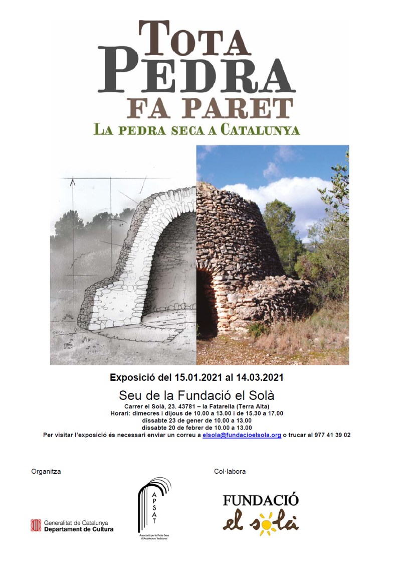 cultpopular_cat's tweet photo. Exposició itinerant “Tota pedra fa paret. La pedra seca a Catalunya” 21 de gener a 14 de març La Fatarella @cultpopular_cat @APSAT5 #pedraseca Per a visitar-la correu electrònic a elsola@fundacioelsola.org o trucar al 977 41 39 02 https://t.co/N7E1LYxiiR https://t.co/uTVgCFnNJm https://t.co/NMuVxjYlA9