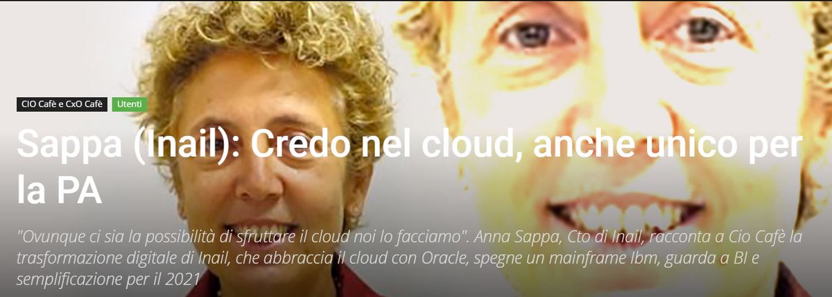 OracleItalia's tweet photo. Sappa (CTO di @inail_gov): Credo nel #cloud, anche unico per la #PA | Su @Inno3news Anna Sappa racconta la #trasformazionedigitale di INAIL, che abbraccia il cloud #Oracle.

L'intervista di @EmaTeruzzi qui: https://t.co/p4nerHQu8v

#OracleCloud #CloudAtCustomer https://t.co/JB1L1eRpQv
