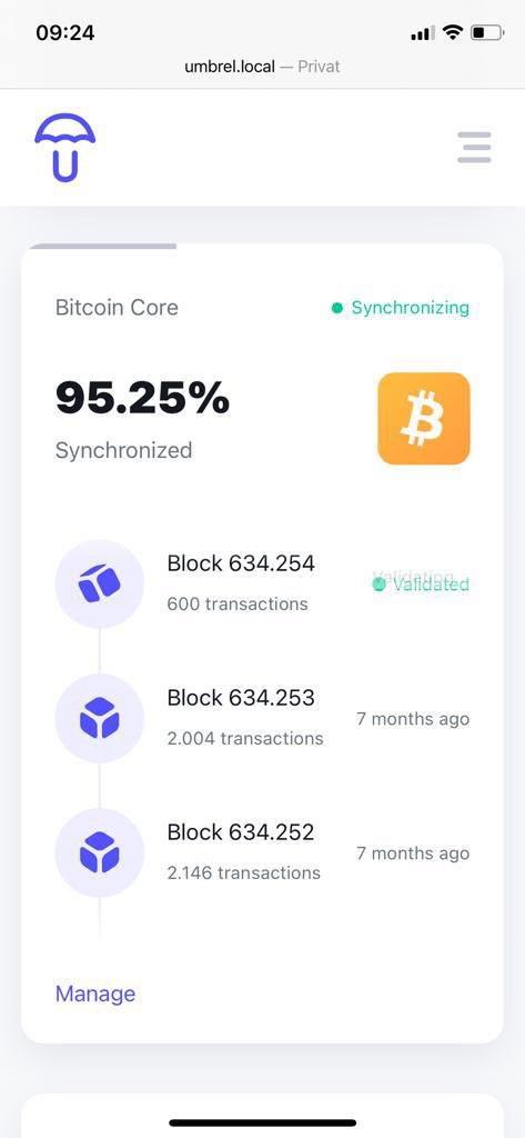 Cndggr's tweet photo. Super easy way to set up a #bitcoin full node. Almost done syncing and super exited to use it! Great job @getumbrel https://t.co/X12SFfiN9t
