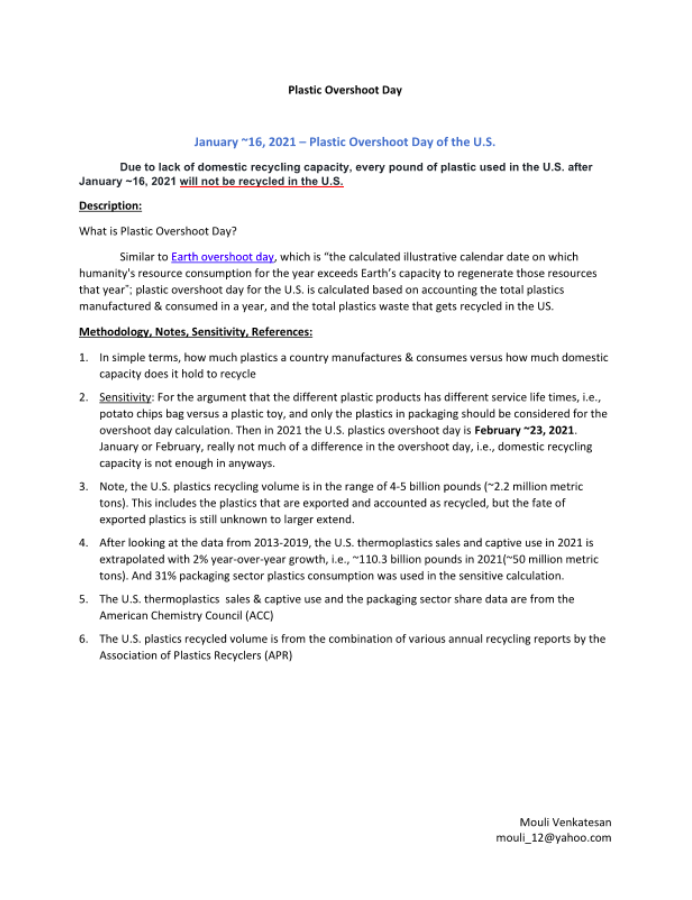 Overshoot day for #plastics recycling in the USA? 16th January!

Only 4.3% to be recycled this year. Due to a lack of domestic recycling capacity, every pound of plastic used in the US after January 16 2021 will NOT be recycled.