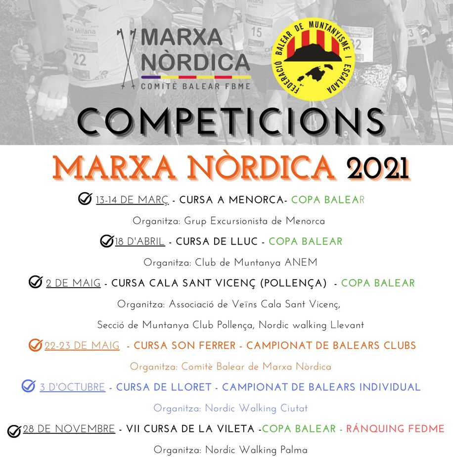 Presentado el calendario Balear de competiciones de Marxa Nòrdica 2021

El Comité Balear de Marxa Nòrdica <a href="/NordicWalking_B/">Comitè Marxa Nòrdica IB</a> presenta el calendario previsto para este año. Si el Covid-19 lo permite constará de: