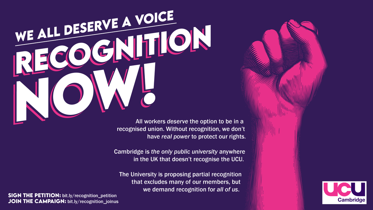 CambridgeUCU's tweet photo. It's 2021, and enough is enough. @Cambridge_Uni is the only public UK university not to recognise the @ucu.

This is a campaign to secure a seat at the table for #AllofUs. #RecognitionNow

✏️Sign the petition: https://t.co/462d7KLZzM
✋Join the campaign: https://t.co/hsIJz0YLcp https://t.co/JsscefiGiN