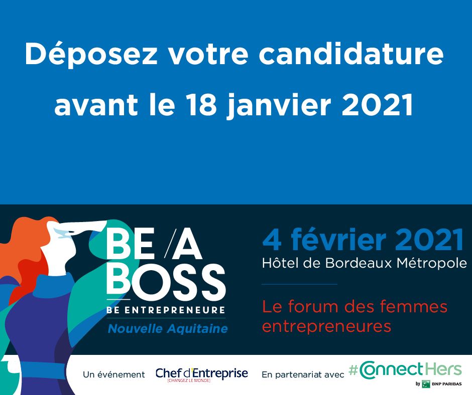 N’oubliez pas : vous n’avez plus que 5 jours pour candidater et vous inscrire à la 1ère étape de #Beaboss2021 le 4 février à #Bordeaux. Ne tardez pas !
Pour participer, c’est ici : be-a-boss.com/be-a-boss-nouv…
#ConnectHers #NouvelleAquitaine #entrepreneure
@FILLY_Laure #beaboss
