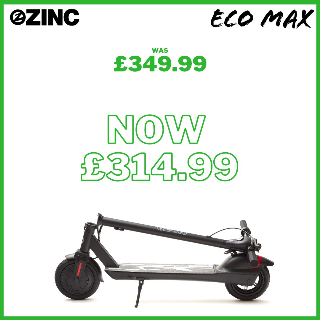 epoweredshop's tweet photo. Zinc Eco Max - £314.99
Ideal for Commuters 
> Max speed 15.5mph/25kph > 12.4m/20km range
> 8.5” Front &amp; Rear Wheels with Air-blown Tyres
> Rear Disc Brake
> Front &amp; Rear Lights
> Charges in 4-5hrs

#zinc #zincsports #escooter #ecomax #epowered #electricscooter https://t.co/VAKlg8CDYP