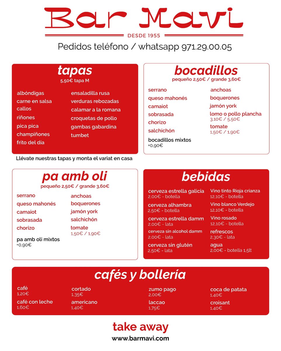 barmavi's tweet photo. #BarMaviACaVostra Servicio de comida para llevar #takeaway 
Desde un café a unas tapas para preparar tu mismo el #variat a tu gusto en casa, pasando por un plato de #favaparada.
Pedidos por teléfono o WhatsApp 971 29 00 05. Nuestro horario: de martes a domingo de 9:00 a 15:00h. https://t.co/1bb7FRCc2o