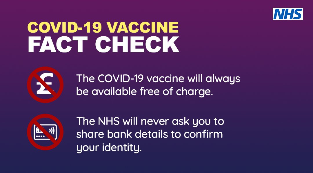 10DowningStreet's tweet photo. We are vaccinating those who need it most first. The NHS will contact you when it is your turn to be vaccinated free of charge. 

The NHS will NEVER ask for bank details to confirm your identity. https://t.co/HCZFl86ZHT