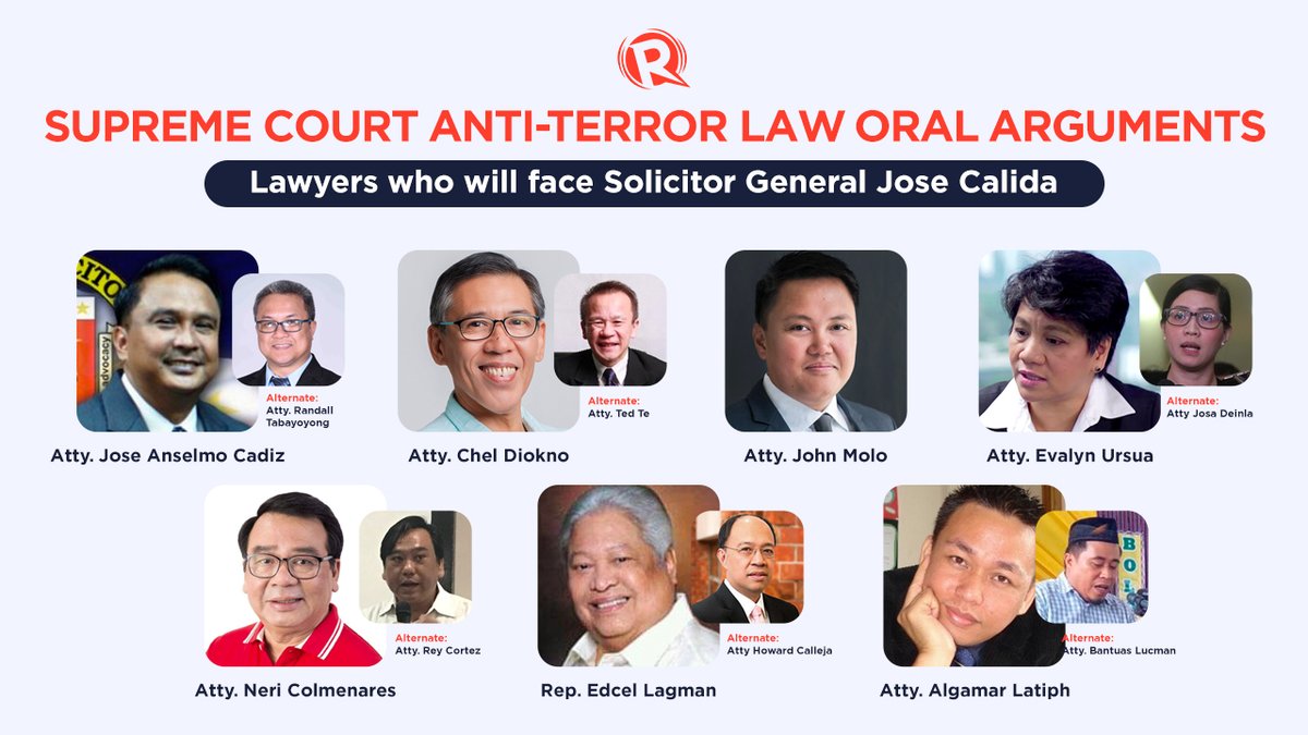LOOK: Ex-SolGen Jose Cadiz leads 13 lawyers (7 as main, 6 as alternates) for the anti-terror law oral arguments on January 19. The 13 are picked by the 37 group of petitioners. To defend the anti-terror law, SolGen Jose Calida will face these 13 lawyers. | via  @lianbuan