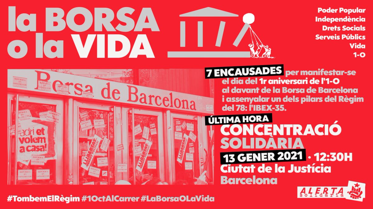CDR_SantAntoni's tweet photo. #LaBorsaOLaVida ⁉️

Avui criden a declarar a 2 companyes per seure a les escales de la borsa de #Barcelona. En total, hi ha 7 persones investigades per les accions del #1oct2018.

No les deixarem soles! ✊🏽

🗓️ 13 de gener 
🕝 12:30
📍 Ciutat de la Justícia

#TombemElRègim https://t.co/oElIwWwUi5