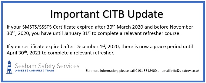 SeahamSafety's tweet photo. Here is the latest update from CITB regarding SMSTS/SSSTS extension period.

☎️0191 5818400
✉️info@s-safety.co.uk https://t.co/c6mq5VjgND