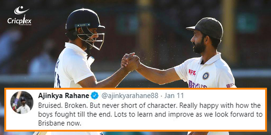 cricplex's tweet photo. I Really happy with how the boys fought till the end.
#Cricketkanayadaur #Cricplexlive #cricketradio #cricplexnews #test #cricket #AUSvsIND #AjinkyaRahane #TeamIndia #AUSvIND @ajinkyarahane88 https://t.co/U1slT7Mzyc