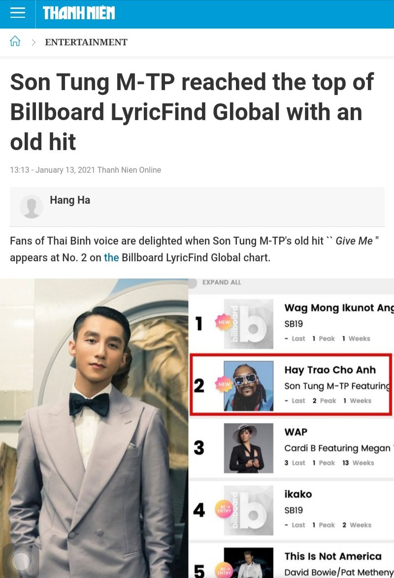 ATINGlobalSoc's tweet photo. The Thai Binh star officially becomes a Vietnamese artistfirst entered the Billboard LyricFind Global chart. Before Son Tung M-TP, only the 🇵🇭 group #SB19 achieved similar results.

💠 https://t.co/auGD7l3fYb

REQUEST @SB19Official @MTV #FridayLivestream 

#SB19ikakoOnWishBus https://t.co/wehlEihM1b