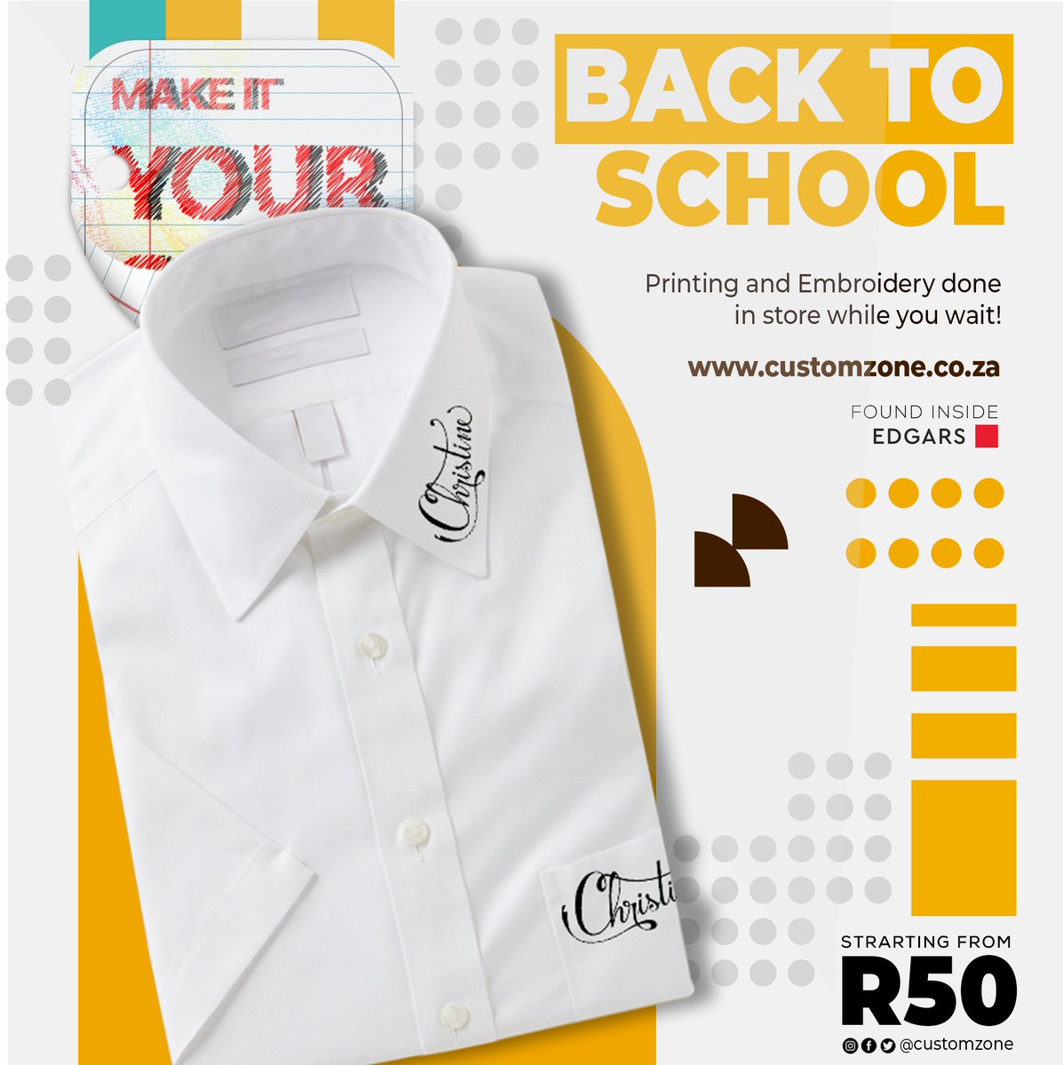 Customzonesa's tweet photo. It's almost that time to send the little one's to school, send them in customized uniform by visiting the Custom Zone booths @EdgarsFashion . #MakeItYourOwn #B2S #backtoschool2021 https://t.co/SSRmAzhtj1
