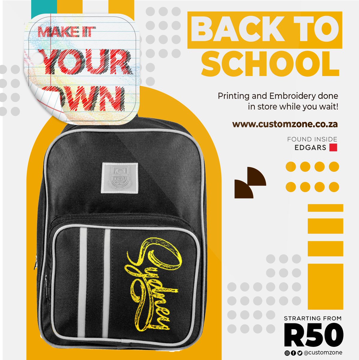 Customzonesa's tweet photo. It's almost that time to send the little one's to school, send them in customized uniform by visiting the Custom Zone booths @EdgarsFashion . #MakeItYourOwn #B2S #backtoschool2021 https://t.co/SSRmAzhtj1